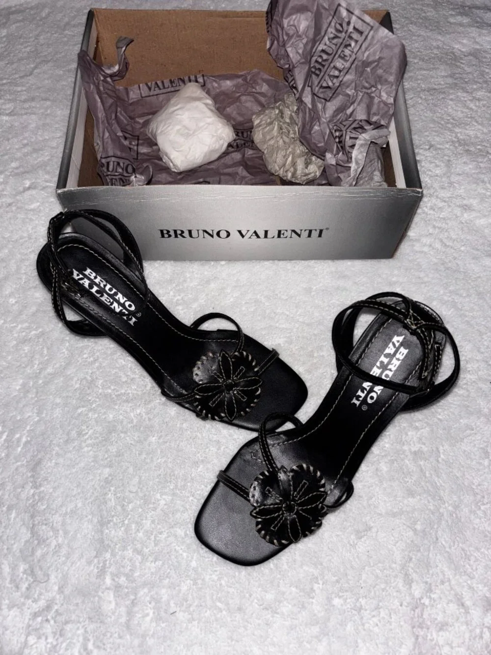 Bruno Valenti Women’s Black Ankle Strap Dress Sandals Floral | Size US 7.5